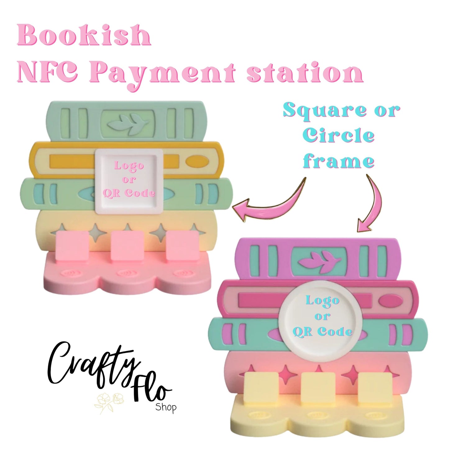 Stack of Books NFC Smart Tap Payment Station – Tap to Pay Sign | Contactless Checkout Display | Smart Tap | NFC | Custom QR Code Stand