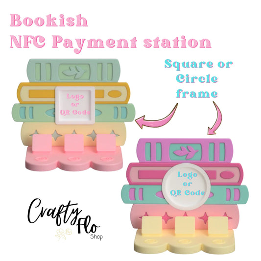 Stack of Books NFC Smart Tap Payment Station – Tap to Pay Sign | Contactless Checkout Display | Smart Tap | NFC | Custom QR Code Stand