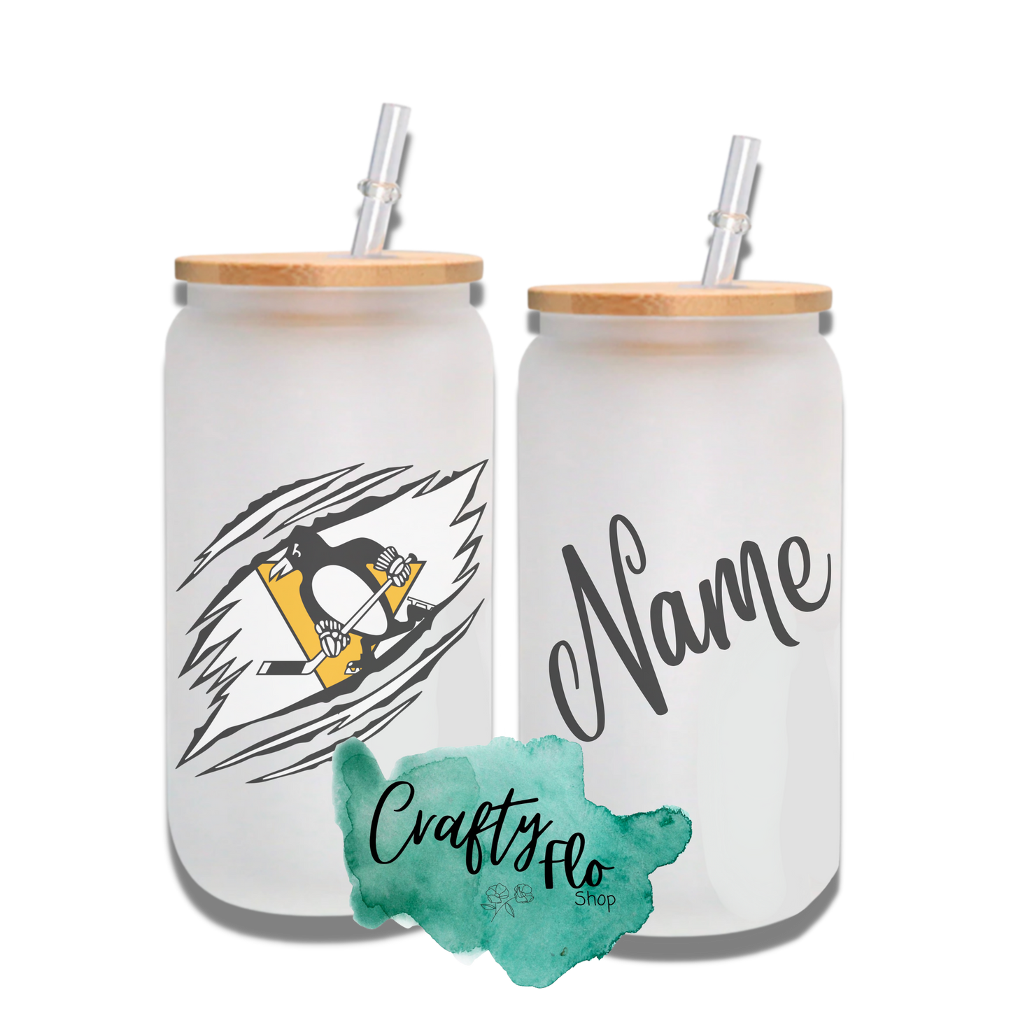 Personalizable Pittsburgh Penguins Inspired Theme 16oz glass can with straw/ Add name at checkout