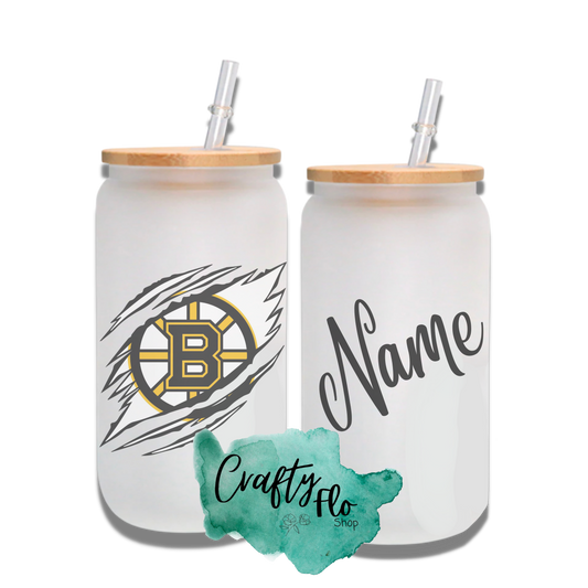 Personalizable Boston Bruins Inspired Inspired Theme 16oz glass can with straw/ Add name at checkout