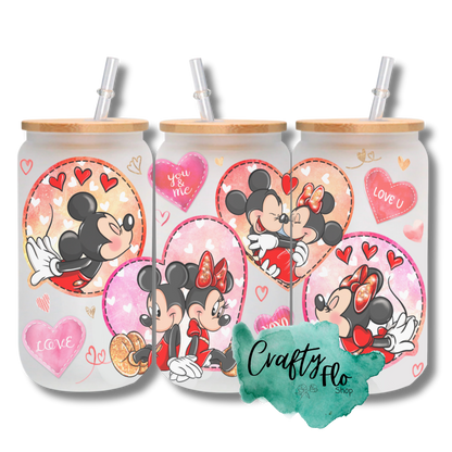 Valentines Cartoon 16oz glass can with bamboo lid and straw| friendship love cup| valentines day gift idea