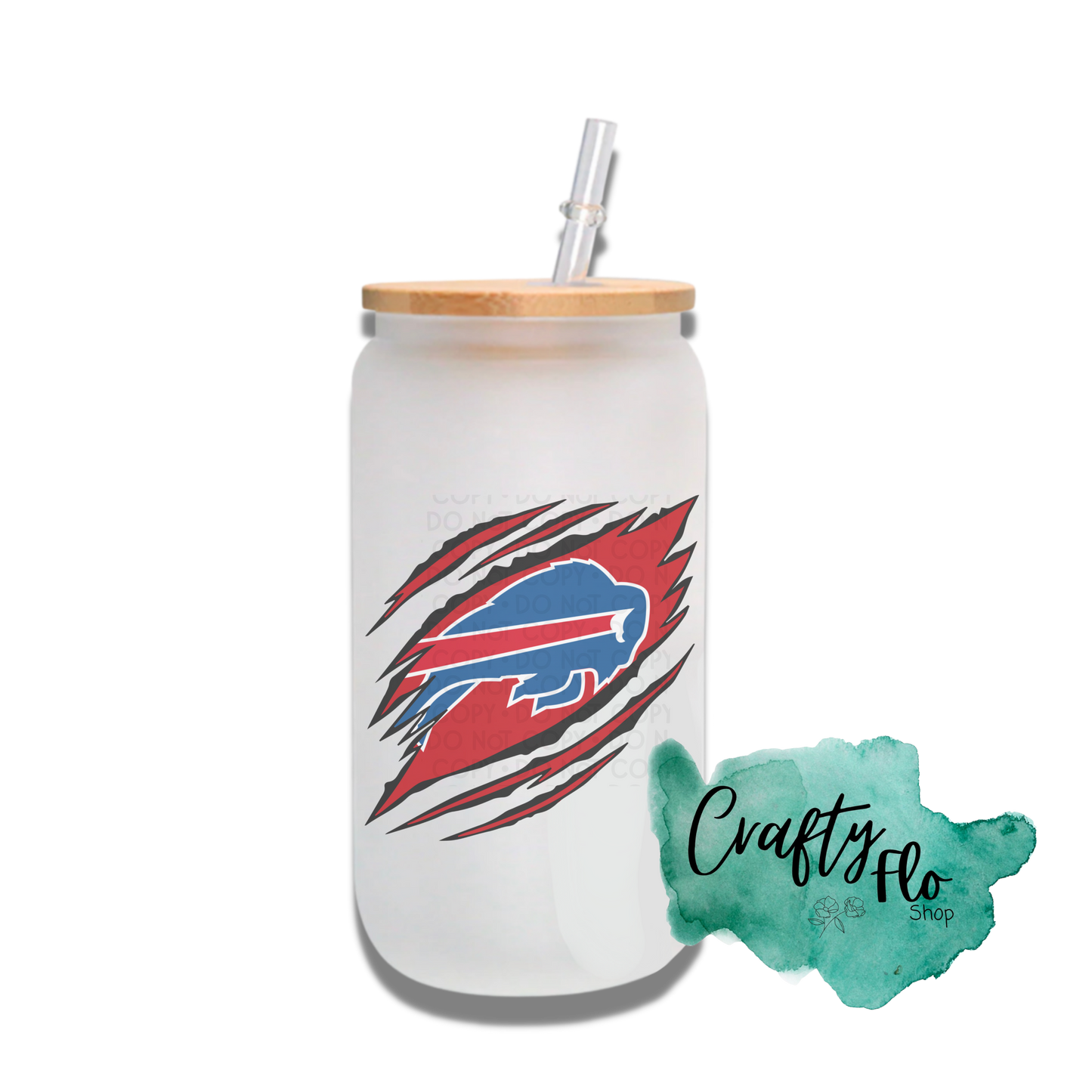 Personalizable Buffalo Bills Inspired Theme 16oz glass can with straw/ Add name at checkout