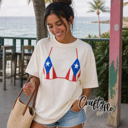 PR flag Bikini top tee, Graphic T-Shirt Latin Tee, Reggaeton Fan Gift, Streetwear for Reggaeton Lovers, Puerto Rican streetwear