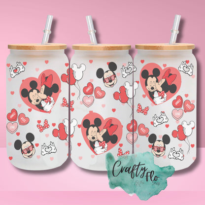 Valentines Cartoon 16oz glass can with bamboo lid and straw| friendship love cup| valentines day gift idea