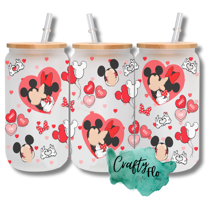 Valentines Cartoon 16oz glass can with bamboo lid and straw| friendship love cup| valentines day gift idea