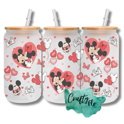 Valentines Cartoon 16oz glass can with bamboo lid and straw| friendship love cup| valentines day gift idea
