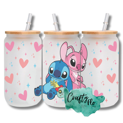 Valentines Cartoon 16oz glass can with bamboo lid and straw| friendship love cup| valentines day gift idea