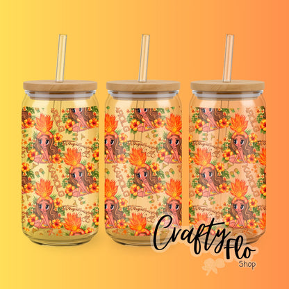 Karol G inspired oz glass can Tumbler with Straw, Durable Design, bamboo Lid, Fun and Functional Beverage Drinkware