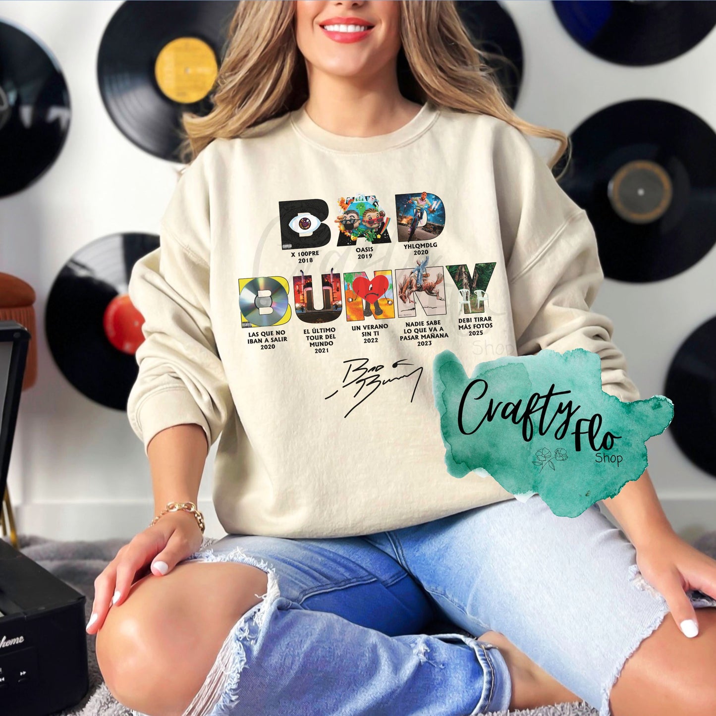 Bad Bunny Album Eras Inspired Unisex Sweatshirt - Front and back graphic- Playful Design, Casual Style, Versatile for Casual Outings, True to Size Fit - Fabric