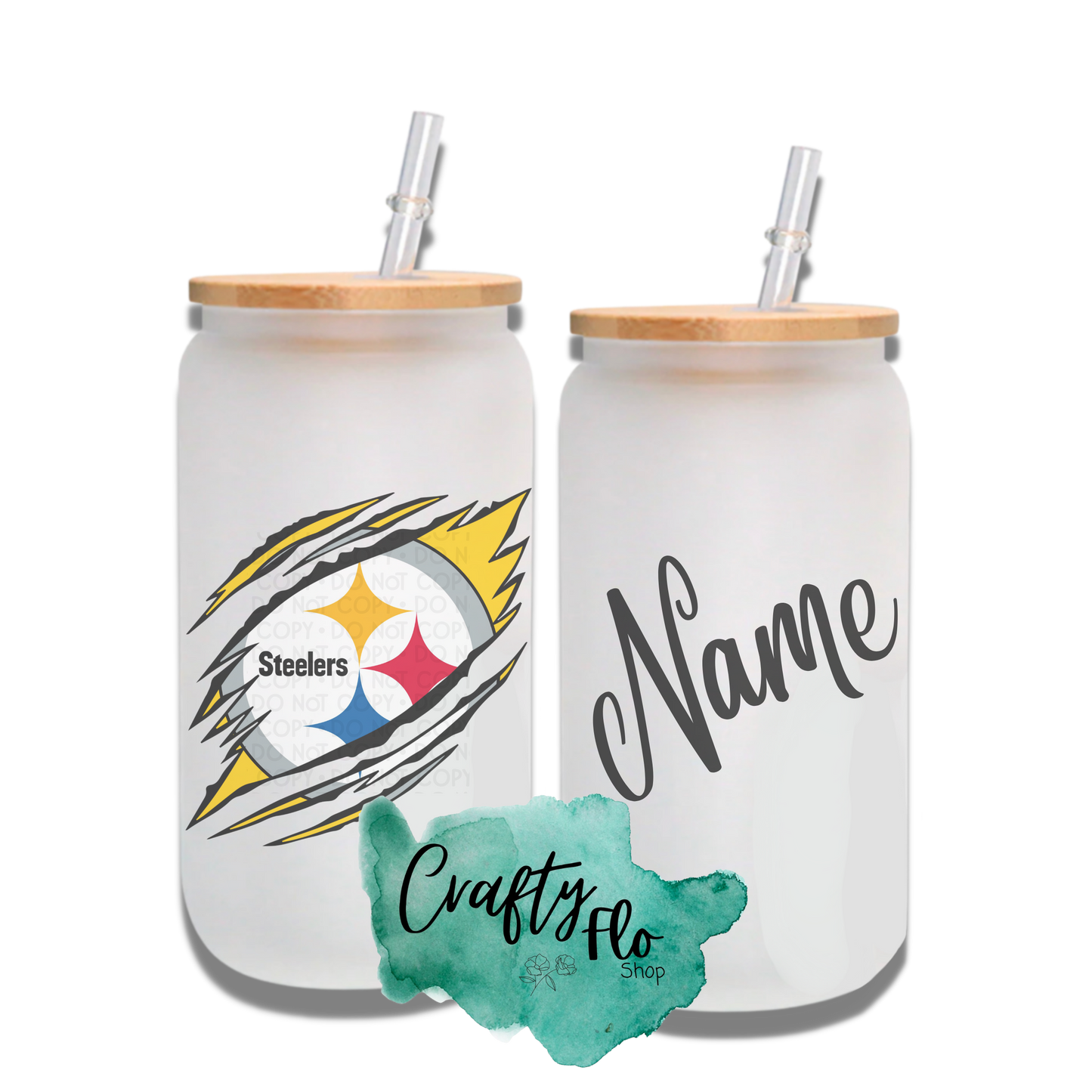 Personalizable Steelers Inspired Theme 16oz glass can with straw/ Add name at checkout