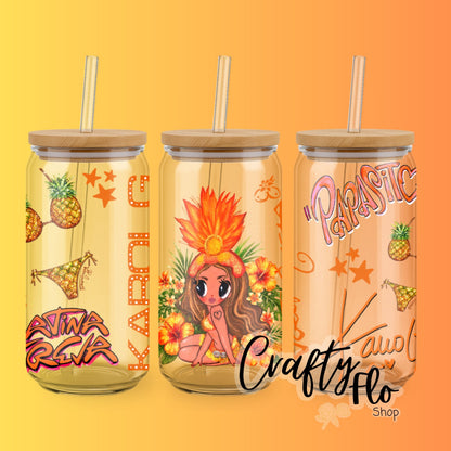 Karol G inspired oz glass can Tumbler with Straw, Durable Design, bamboo Lid, Fun and Functional Beverage Drinkware