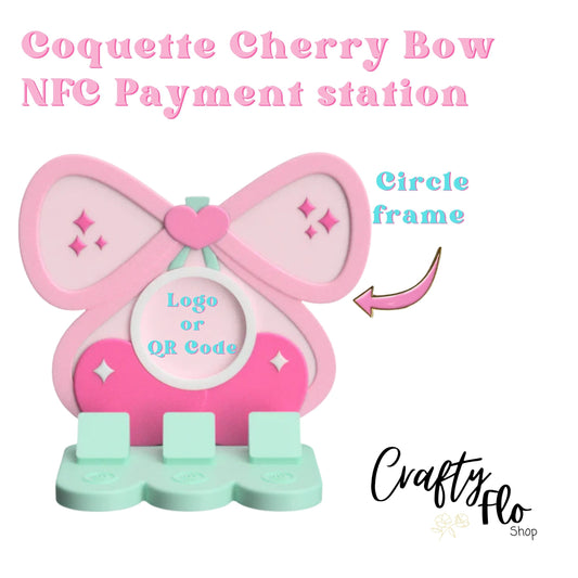 Coquette Cherry Bow NFC Smart Tap Payment Station – Tap to Pay Sign | Contactless Checkout Display | Smart Tap | NFC | Custom QR Code Stand