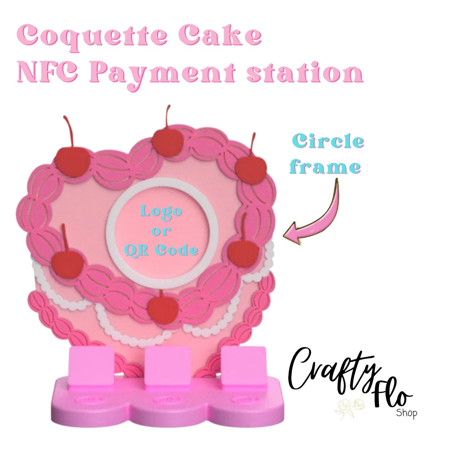 Coquette Cake NFC Smart Tap Payment Station – Tap to Pay Sign | Contactless Checkout Display | Smart Tap | NFC | Custom QR Code Stand