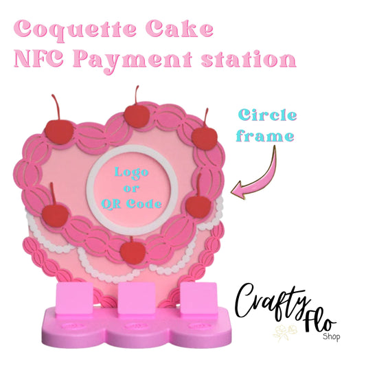 Coquette Cake NFC Smart Tap Payment Station – Tap to Pay Sign | Contactless Checkout Display | Smart Tap | NFC | Custom QR Code Stand
