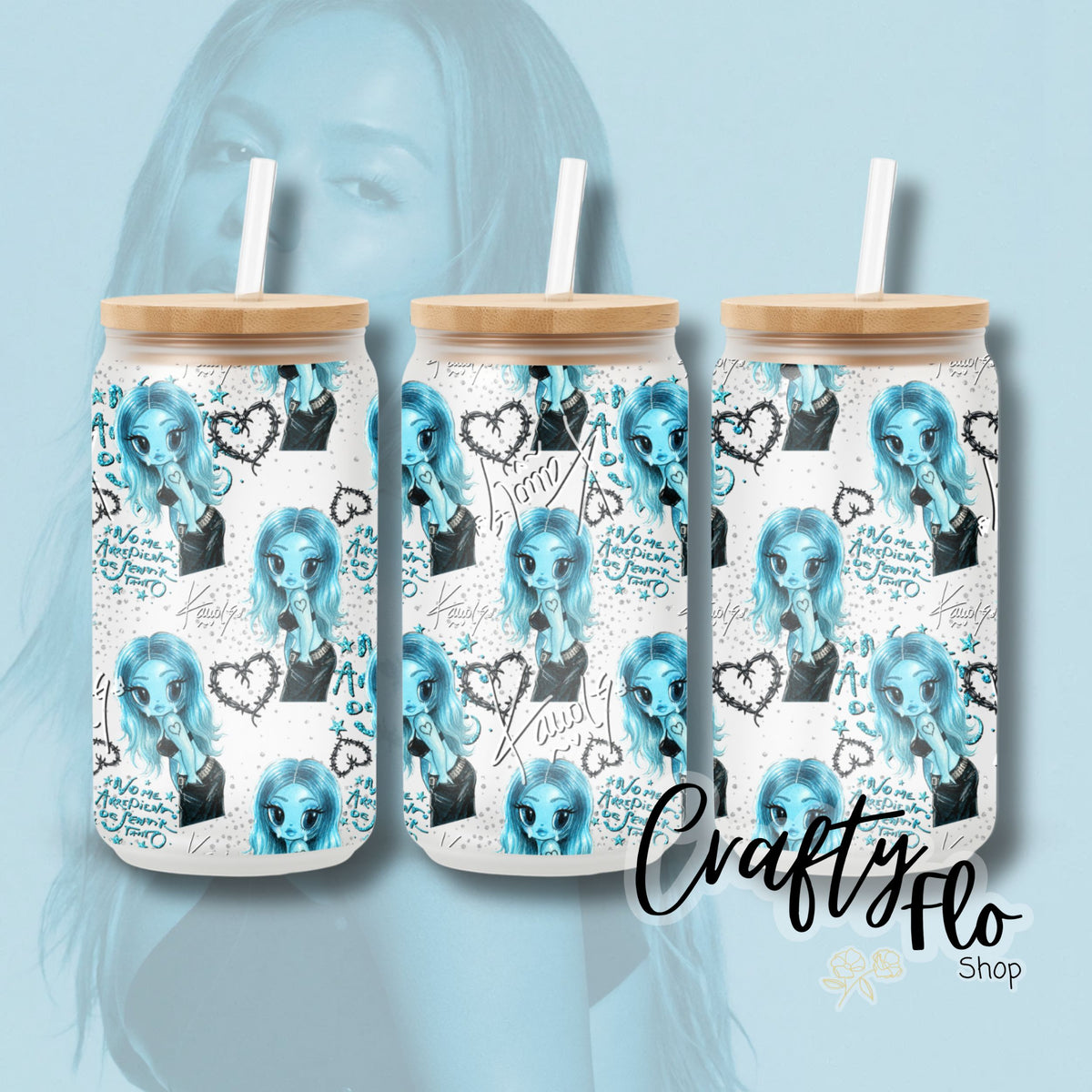 Karol G inspired oz glass can Tumbler with Straw, Durable Design, bamboo Lid, Fun and Functional Beverage Drinkware