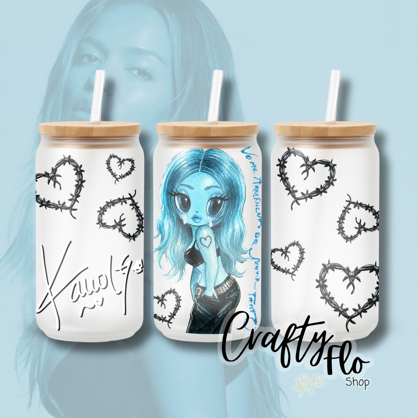 Karol G inspired oz glass can Tumbler with Straw, Durable Design, bamboo Lid, Fun and Functional Beverage Drinkware