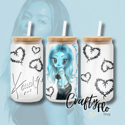 Karol G inspired oz glass can Tumbler with Straw, Durable Design, bamboo Lid, Fun and Functional Beverage Drinkware