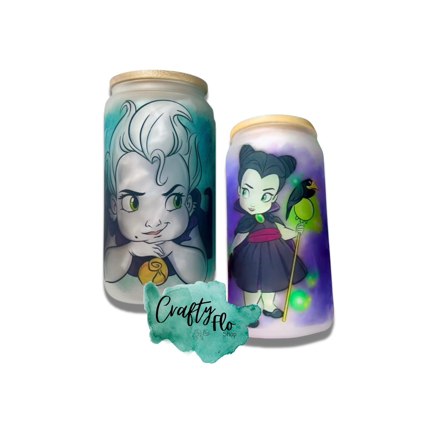 Cute Princess and Villian fan art 16oz glass can with straw