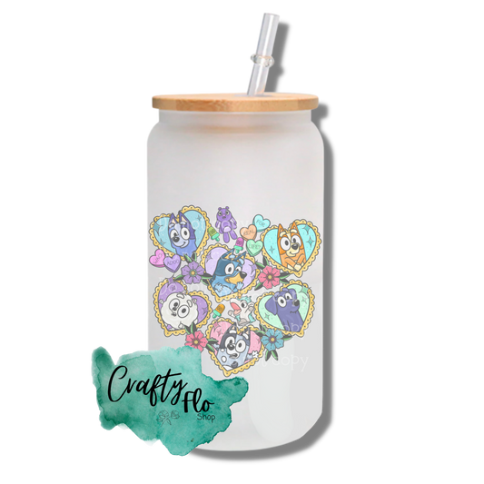 Cute Heeler tattoo hearts | blue Heelers and friends inspired 16oz frosted or clear glass cup with bamboo lid and straw