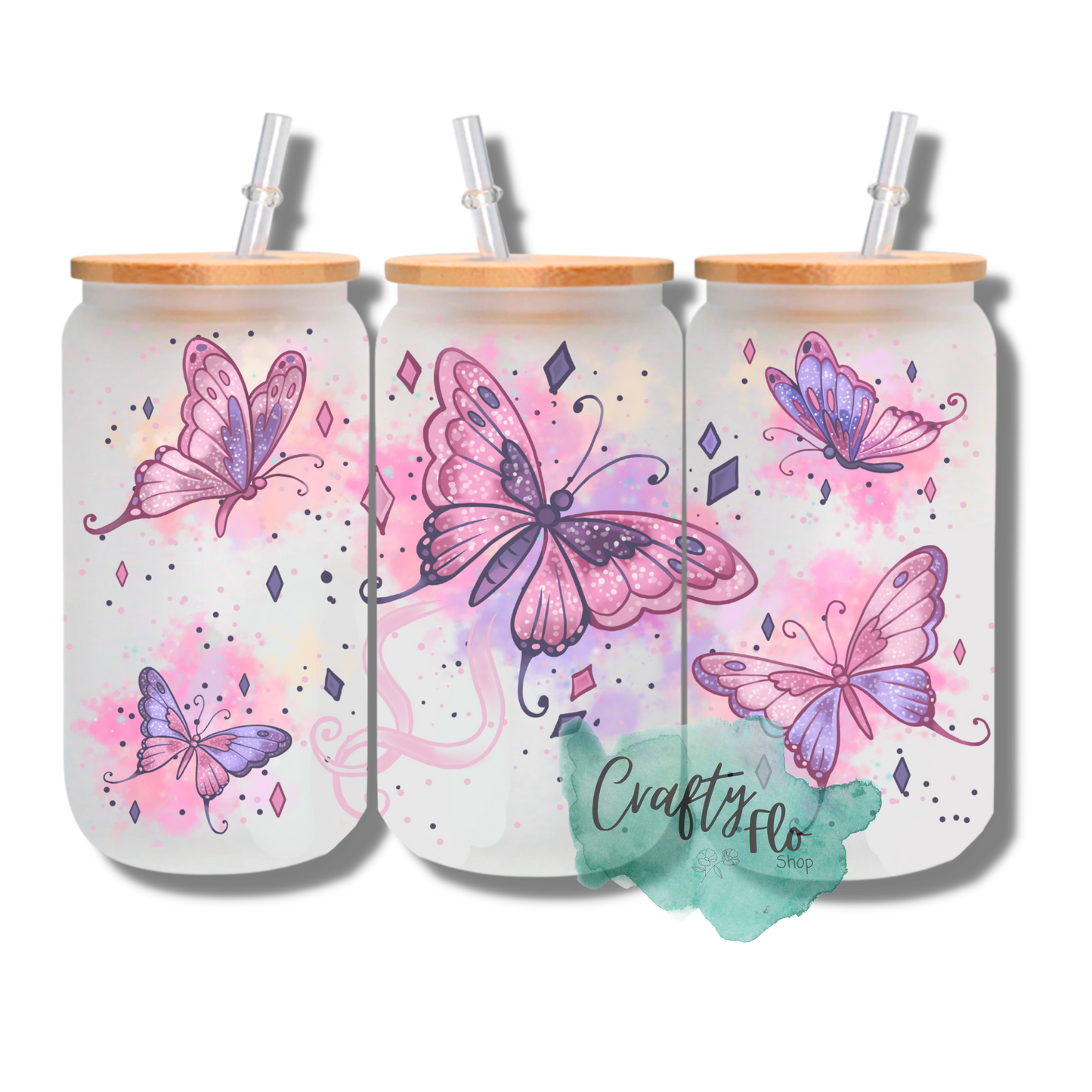 Magical butterfly inspired customizable 16oz glass can with bamboo lid and straw| mothers day, birthday gift| cute butterfly cup