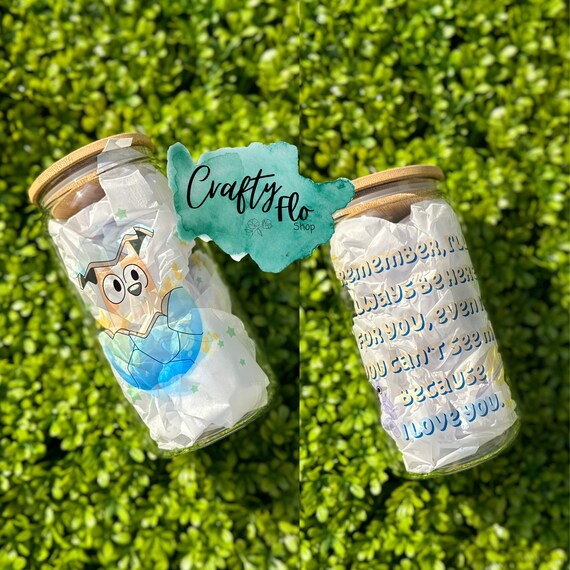 SleepyTime Pup inspired 16oz frosted or clear glass can with bamboo lid and straw| bluey cup