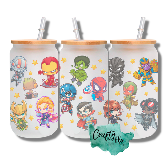 Cute Chibi style Superhero’s inspired 16oz frosted or clear glass can with straw