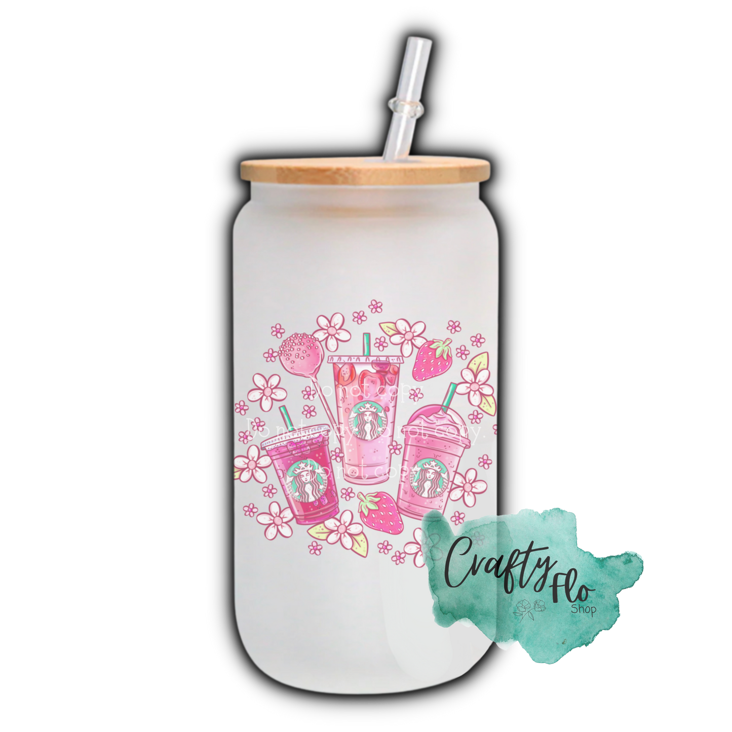 Pink Drinks and favorite coffee shop cake pops inspired 16oz frosted or clear glass can with bamboo lid and straw