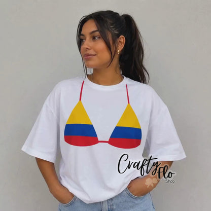 Colombian flag Bikini top tee, Graphic T-Shirt Latin Tee, Reggaeton Fan Gift, Streetwear for Reggaeton Lovers, Latina streetwear