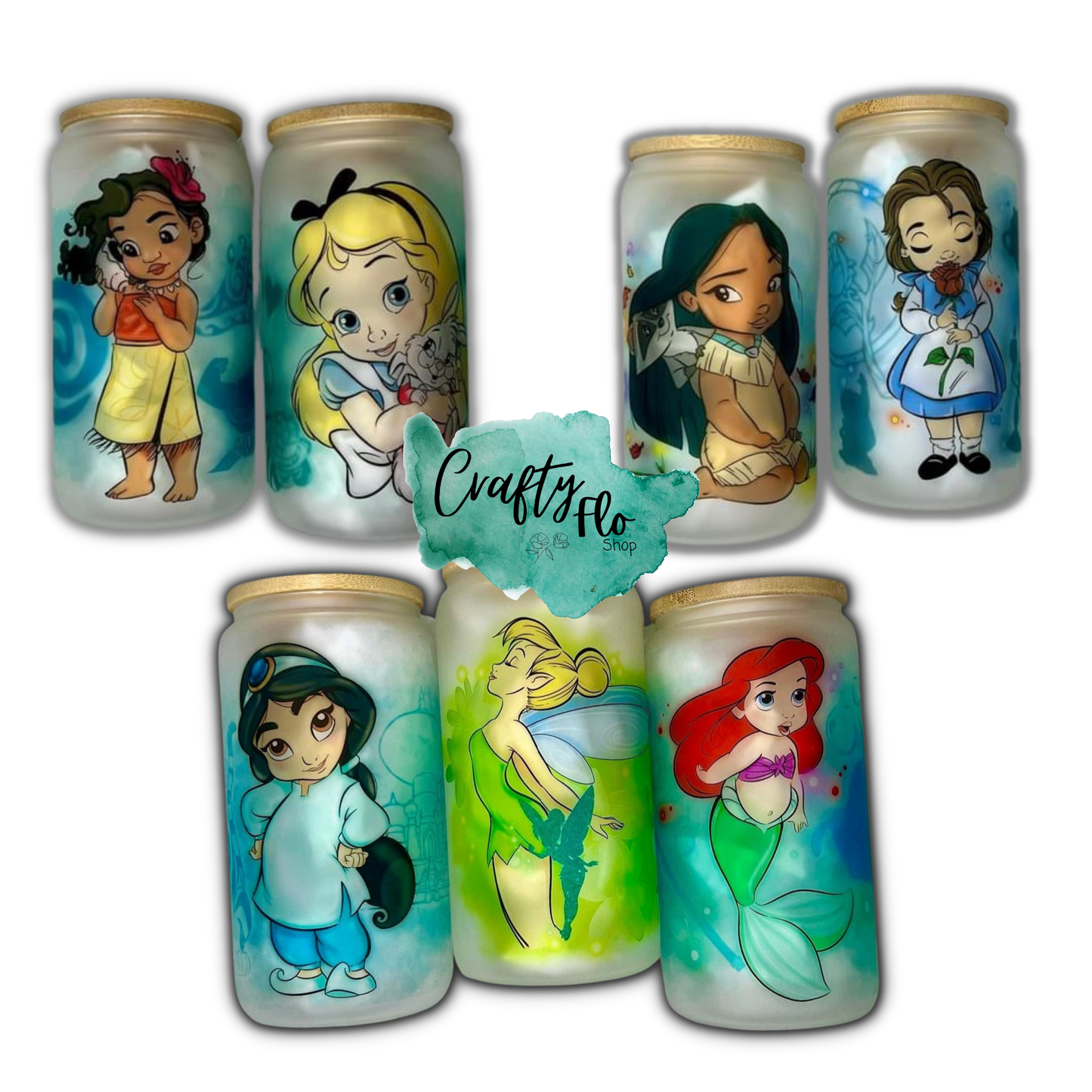 Cute Princess and Villian fan art 16oz glass can with straw