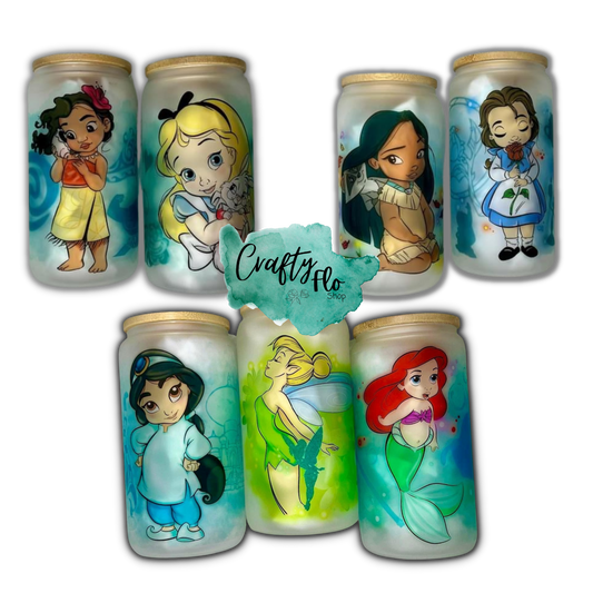 Cute Princess and Villian fan art 16oz glass can with straw