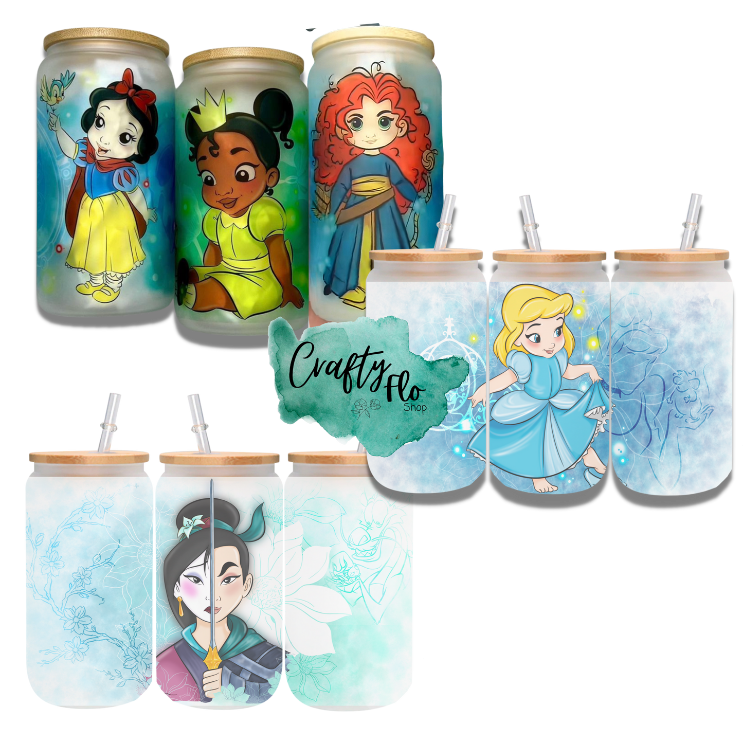 Cute Princess and Villian fan art 16oz glass can with straw