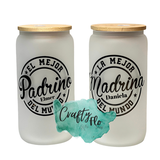 Best Padrino and Madrina| Mejor Padrino, Mejor Madrina | 16oz frosted or clear glass can with straw/ add name at checkout