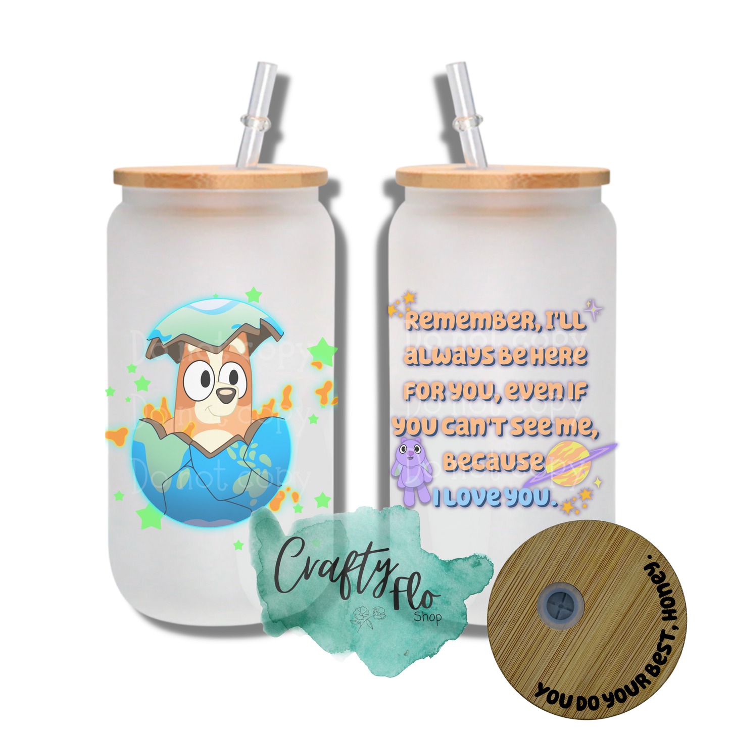 SleepyTime Pup inspired 16oz frosted or clear glass can with bamboo lid and straw| bluey cup