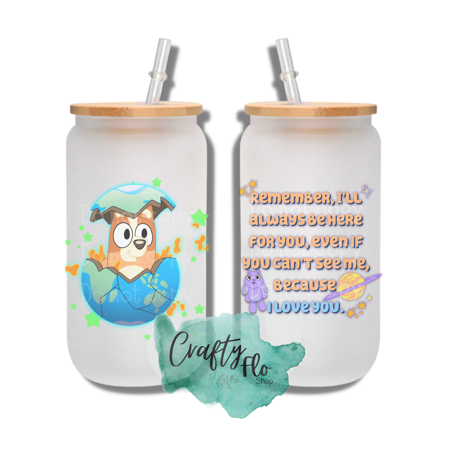 SleepyTime Pup inspired 16oz frosted or clear glass can with bamboo lid and straw| bluey cup